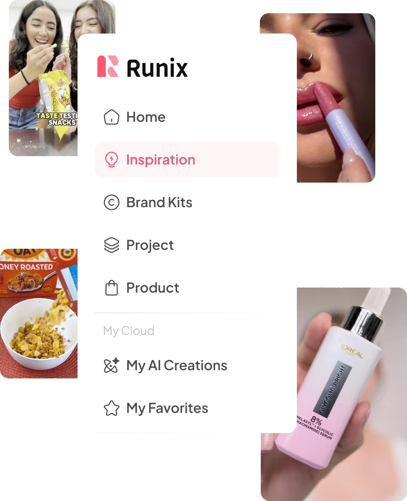 Runix viral ads finder: Inspiration module interface for discovering trending content across TikTok, YouTube, and Facebook